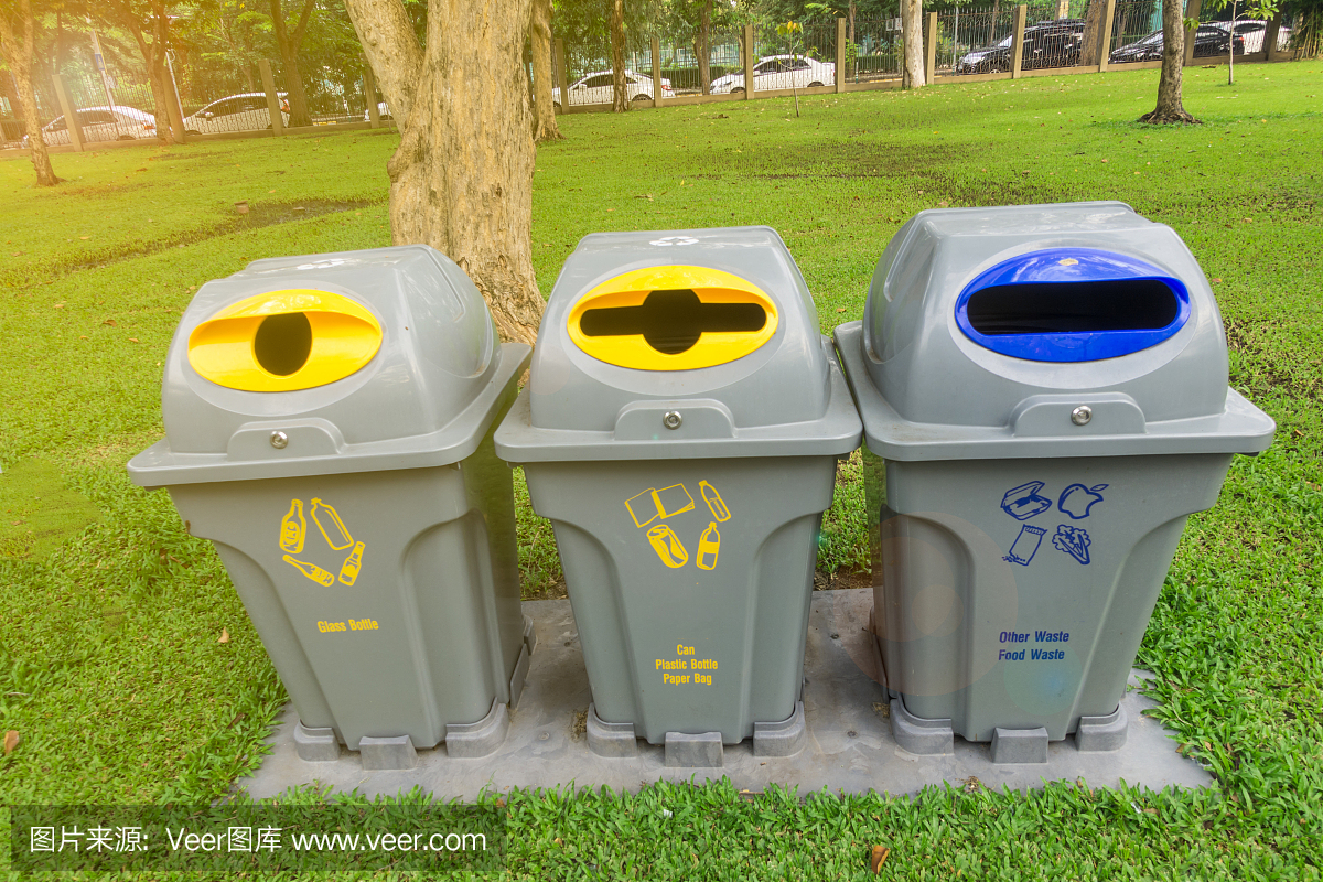垃圾处理前对垃圾进行分类。在公园里。
